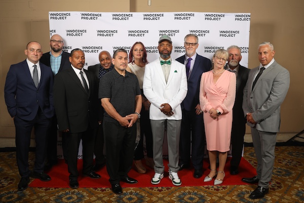 Exonerated and freed people attend the Innocence Project Gala on May 11, 2023. From left to right: Robert DuBoise, Nathaniel Barnett, Anthony Dixon, Norberto Peets, John Galvan, Michelle Murphy, Termaine Hicks, Ron Jacobsen, Belynda Goff, Herman Williams, and Ian Schweitzer. (Photo: Matthew Adams Photography/Innocence Project)